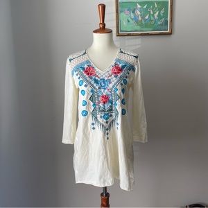 JOHNNY WAS Embroidered Tunic Boho XS Semi Sheer Back Cowgirl Western SUMMER